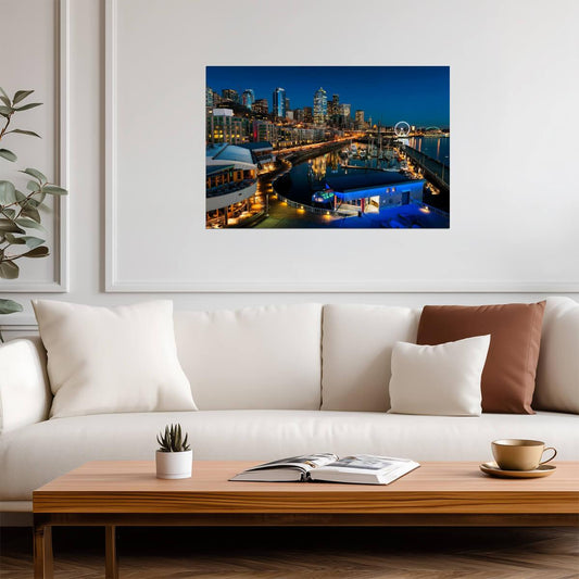 Seattle Skyline from Elliott Bay | Illuminated Cityscape Photography | Washington Poster - Photography Poster