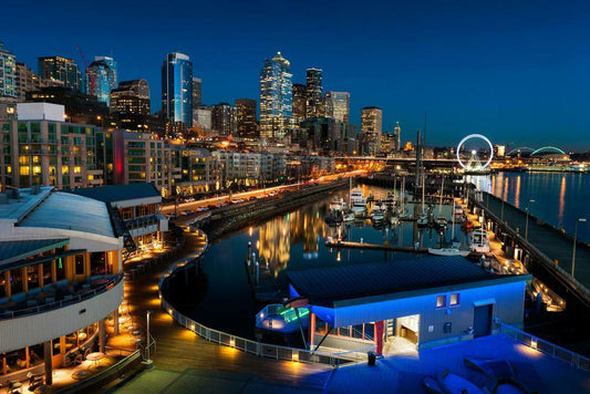 Seattle Skyline from Elliott Bay | Illuminated Cityscape Photography | Washington Poster - Photography Poster