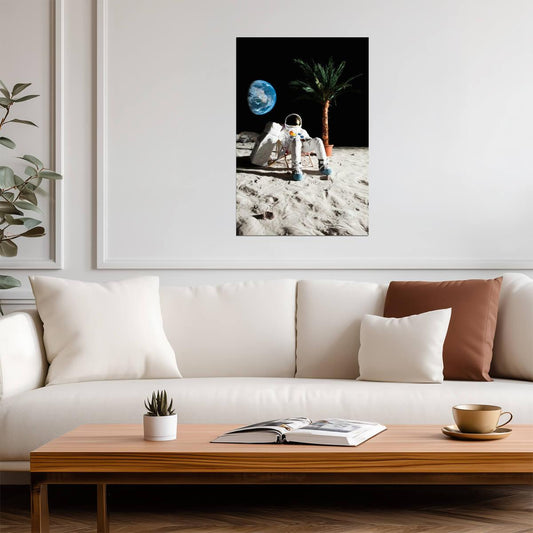 Astronaut Relaxing in a Beach Chair on the Moon | Surreal Art Print | Funny Space Poster - Graphic & Art Poster