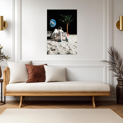 Astronaut Relaxing in a Beach Chair on the Moon | Surreal Art Print | Funny Space Poster - Graphic & Art Poster