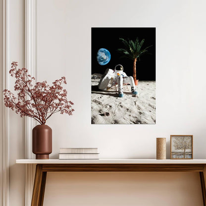 Astronaut Relaxing in a Beach Chair on the Moon | Surreal Art Print | Funny Space Poster - Graphic & Art Poster