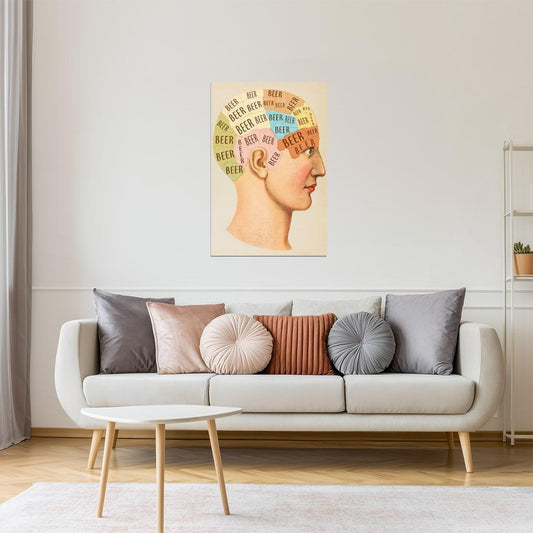 Beer Phrenology Head Poster | Funny Drinking Chart | Man Cave Wall Art