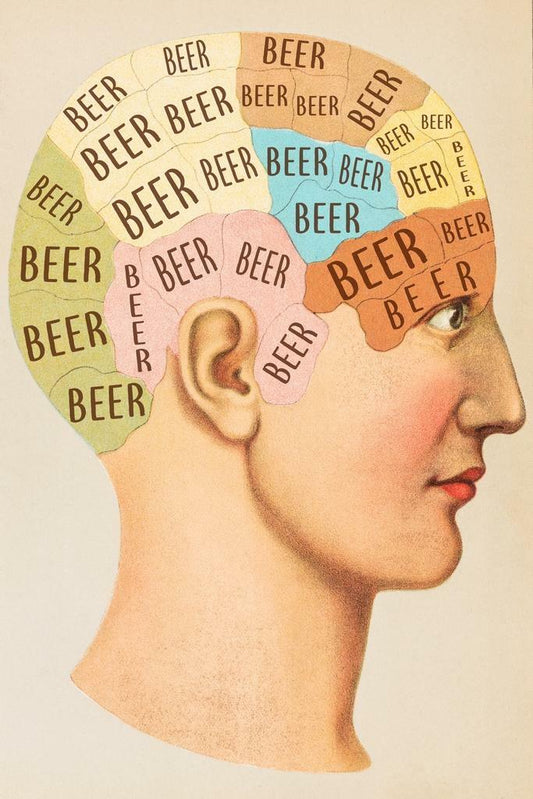 Beer Phrenology Head Poster | Funny Drinking Chart | Man Cave Wall Art