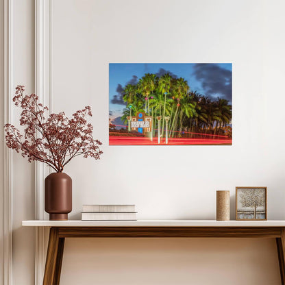 "Welcome to Miami Beach" Sign Photo | Florida Landmark at Night | Coastal Cityscape Poster - Photography Poster