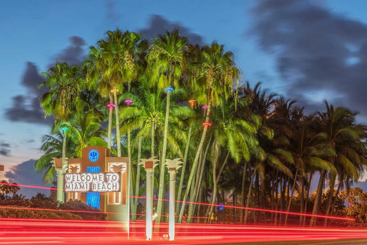 "Welcome to Miami Beach" Sign Photo | Florida Landmark at Night | Coastal Cityscape Poster - Photography Poster