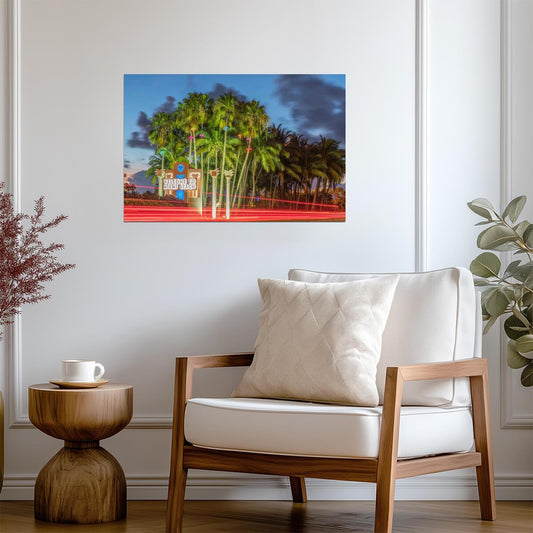 "Welcome to Miami Beach" Sign Photo | Florida Landmark at Night | Coastal Cityscape Poster - Photography Poster
