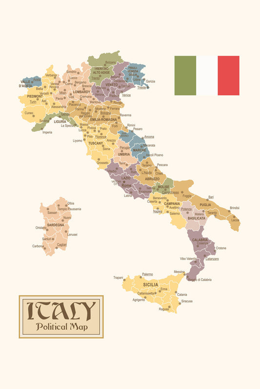Italy Map | Vintage Political Map with Regions and Provinces Poster