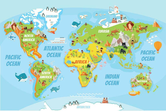 World Map | Educational Kids Map with Cartoon Animals Poster