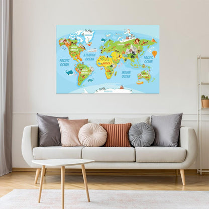 World Map | Educational Kids Map with Cartoon Animals Poster