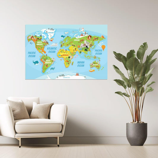 World Map | Educational Kids Map with Cartoon Animals Poster