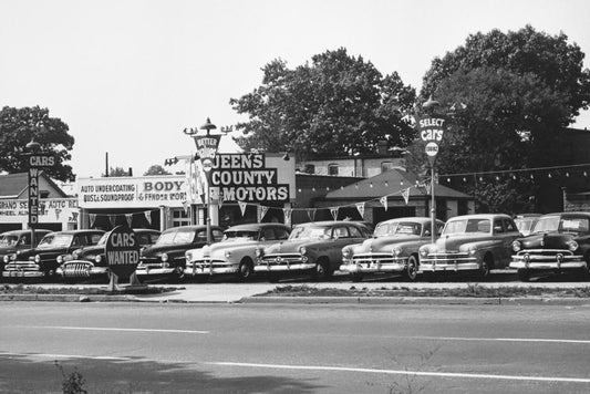 Retro Car Lot Poster | Vintage Black and White Photo | 1950s Americana Decor
