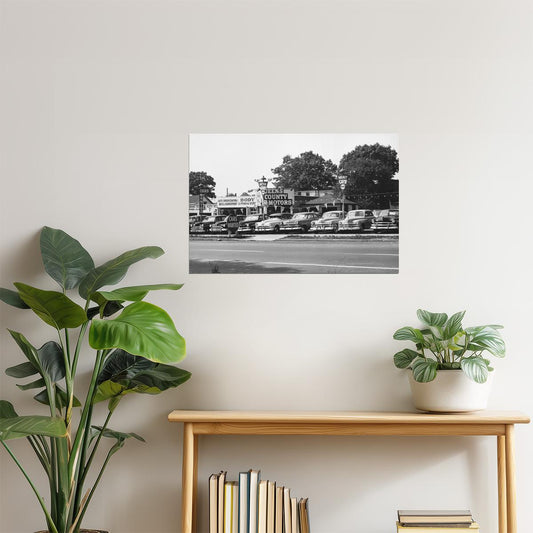 Retro Car Lot Poster | Vintage Black and White Photo | 1950s Americana Decor
