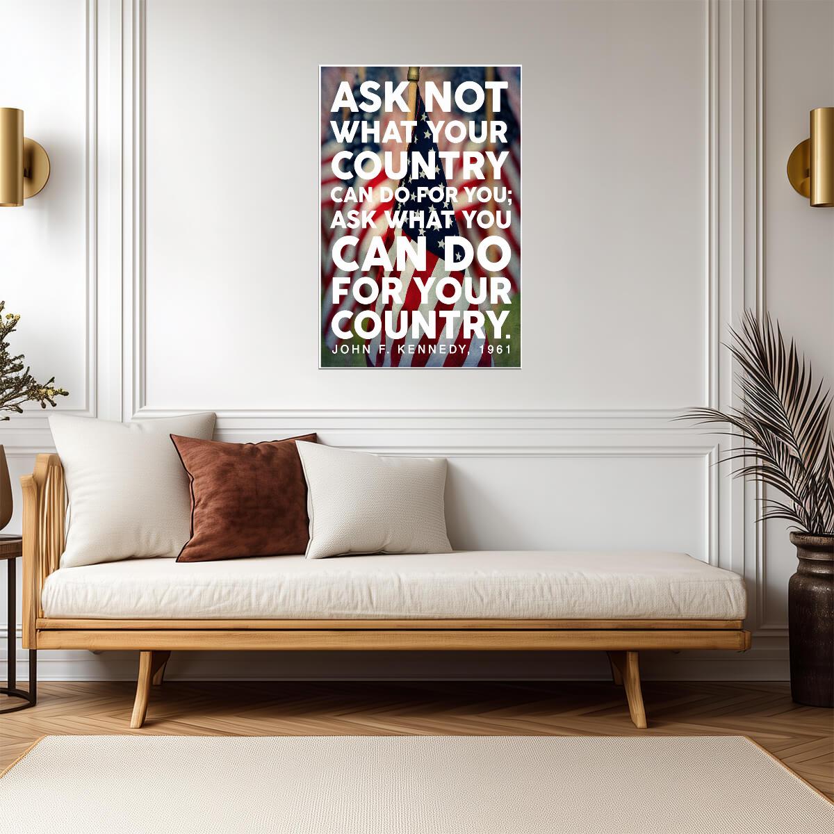 John F Kennedy Ask Not Quote | American Flag Portrait Poster | Patriotic Wall Art - Type & Quotes Poster