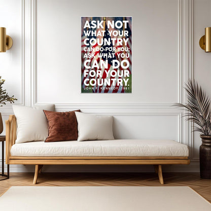 John F Kennedy Ask Not Quote | American Flag Portrait Poster | Patriotic Wall Art - Type & Quotes Poster