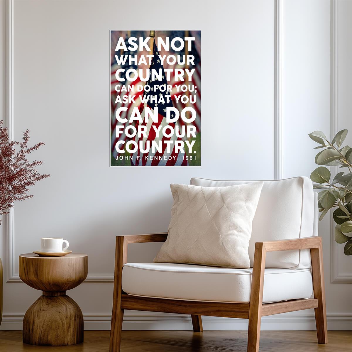 John F Kennedy Ask Not Quote | American Flag Portrait Poster | Patriotic Wall Art - Type & Quotes Poster