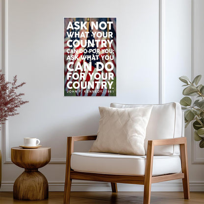 John F Kennedy Ask Not Quote | American Flag Portrait Poster | Patriotic Wall Art - Type & Quotes Poster