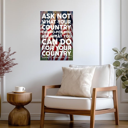 John F Kennedy Ask Not Quote | American Flag Portrait Poster | Patriotic Wall Art - Type & Quotes Poster