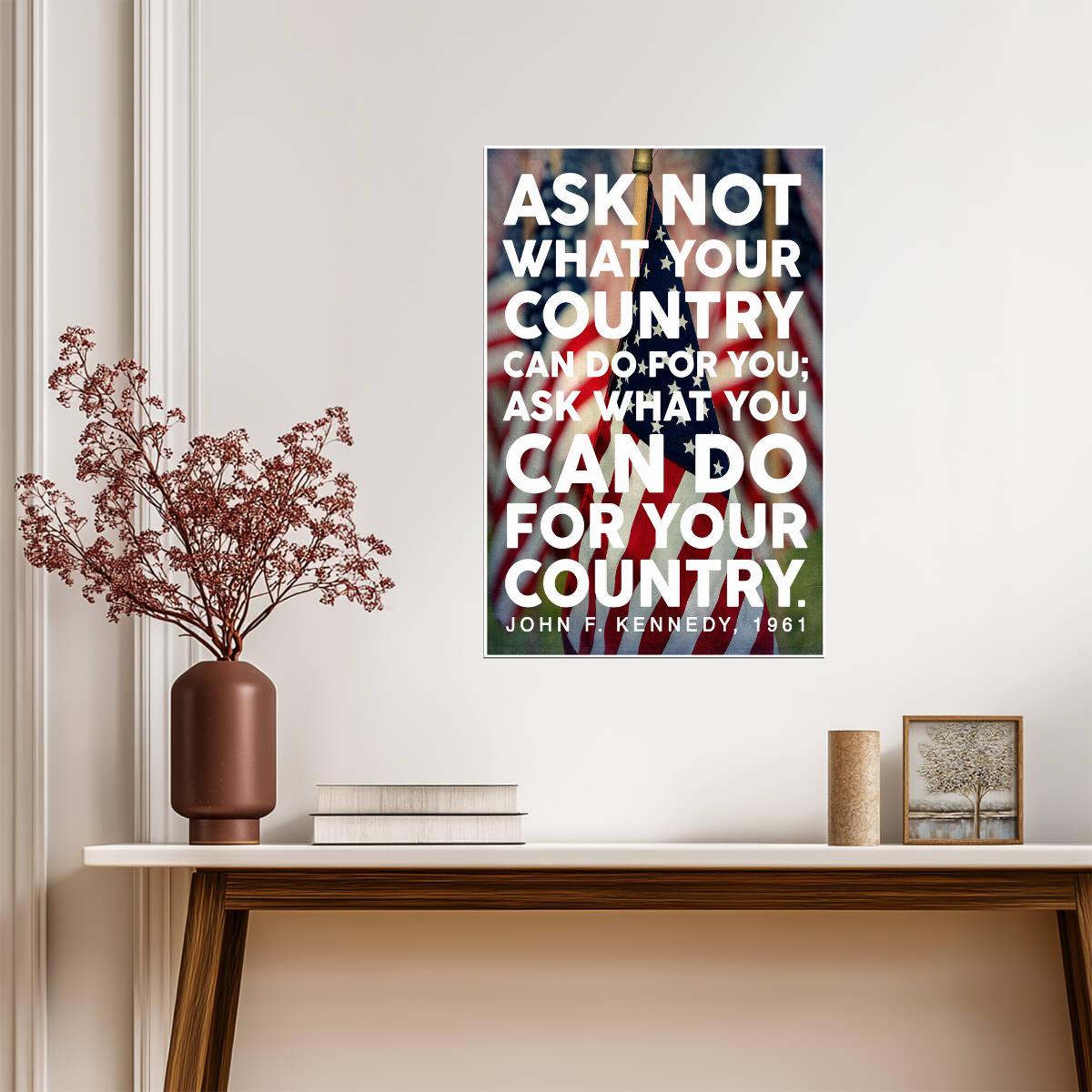 John F Kennedy Ask Not Quote | American Flag Portrait Poster | Patriotic Wall Art - Type & Quotes Poster