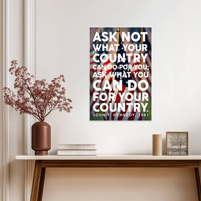 John F Kennedy Ask Not Quote | American Flag Portrait Poster | Patriotic Wall Art - Type & Quotes Poster