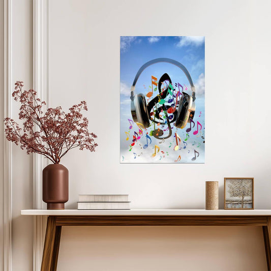 Headphones & Musical Notes | Abstract Music Art Print | Modern Wall Decor Poster - Music Poster