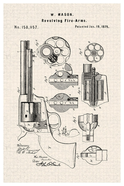 Revolver Firearm Patent Print | W. Mason Gun Diagram | Western Art Poster - Vintage & Retro Poster