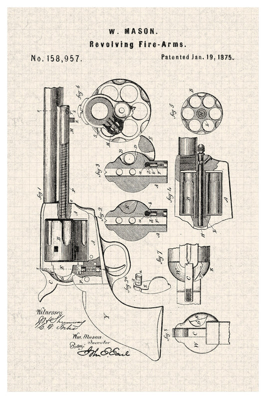 Revolver Firearm Patent Print | W. Mason Gun Diagram | Western Art Poster - Vintage & Retro Poster