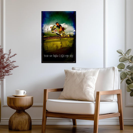 "'Scuse Me While I Kiss The Sky" | Funny Skateboarder Sign | Retro Humor Poster - Type & Quotes Poster