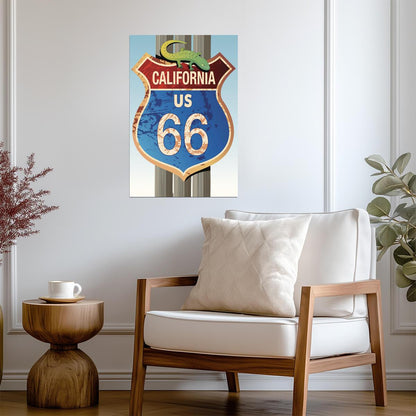 Retro Route 66 California Sign | Vintage Americana Poster | Lizard Road Sign Art - Type & Quotes Poster