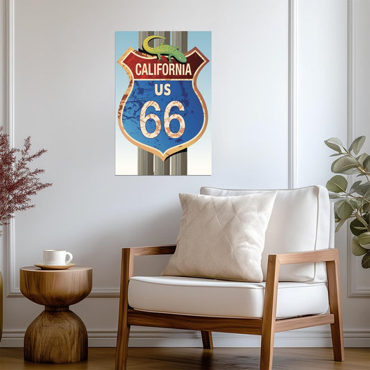 Retro Route 66 California Sign | Vintage Americana Poster | Lizard Road Sign Art - Type & Quotes Poster