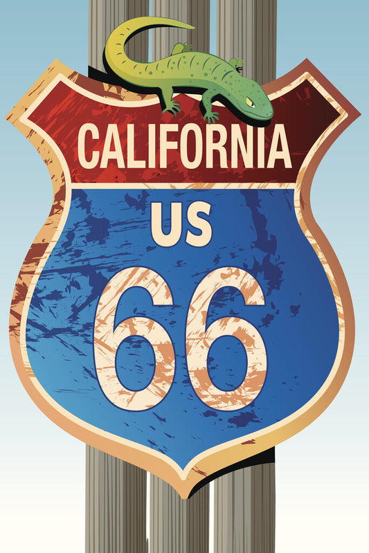 Retro Route 66 California Sign | Vintage Americana Poster | Lizard Road Sign Art - Type & Quotes Poster