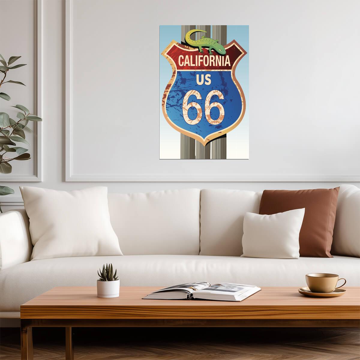 Retro Route 66 California Sign | Vintage Americana Poster | Lizard Road Sign Art - Type & Quotes Poster
