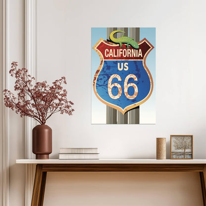 Retro Route 66 California Sign | Vintage Americana Poster | Lizard Road Sign Art - Type & Quotes Poster
