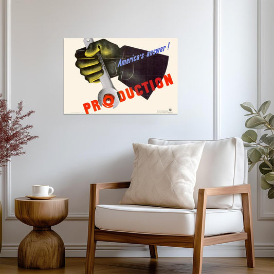 "America's Answer! Production" | WWII Propaganda Poster | Industrial War Effort Art - Vintage & Retro Poster