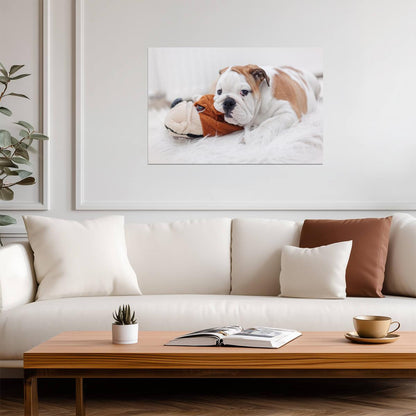 English Bulldog Puppy Laying on a Toy | Pet Photography | Cute Dog Poster - Photography Poster