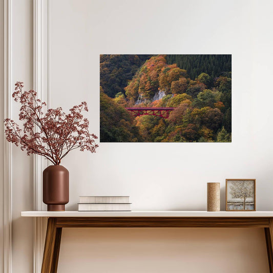 Red Bridge in Nagano Forest | Autumn Photography Print | Japan Scenery Poster