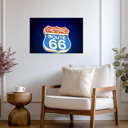 Historic Route 66 Neon Sign | Vintage Americana Poster | Retro Highway Art - Type & Quotes Poster