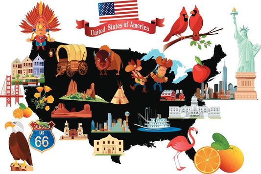 USA Map | Cartoon Illustrated Map with American Symbols Poster