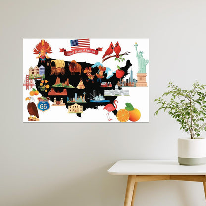 USA Map | Cartoon Illustrated Map with American Symbols Poster