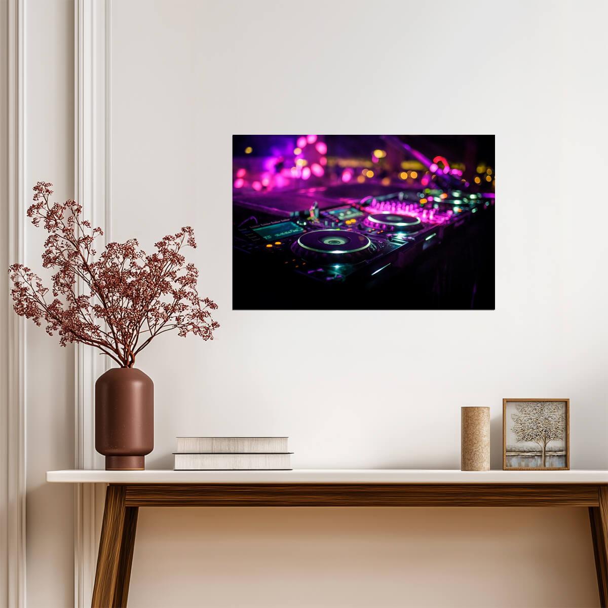 DJ Mixing Console at a Nightclub | Neon Music Photography | Party Poster - Photography Poster