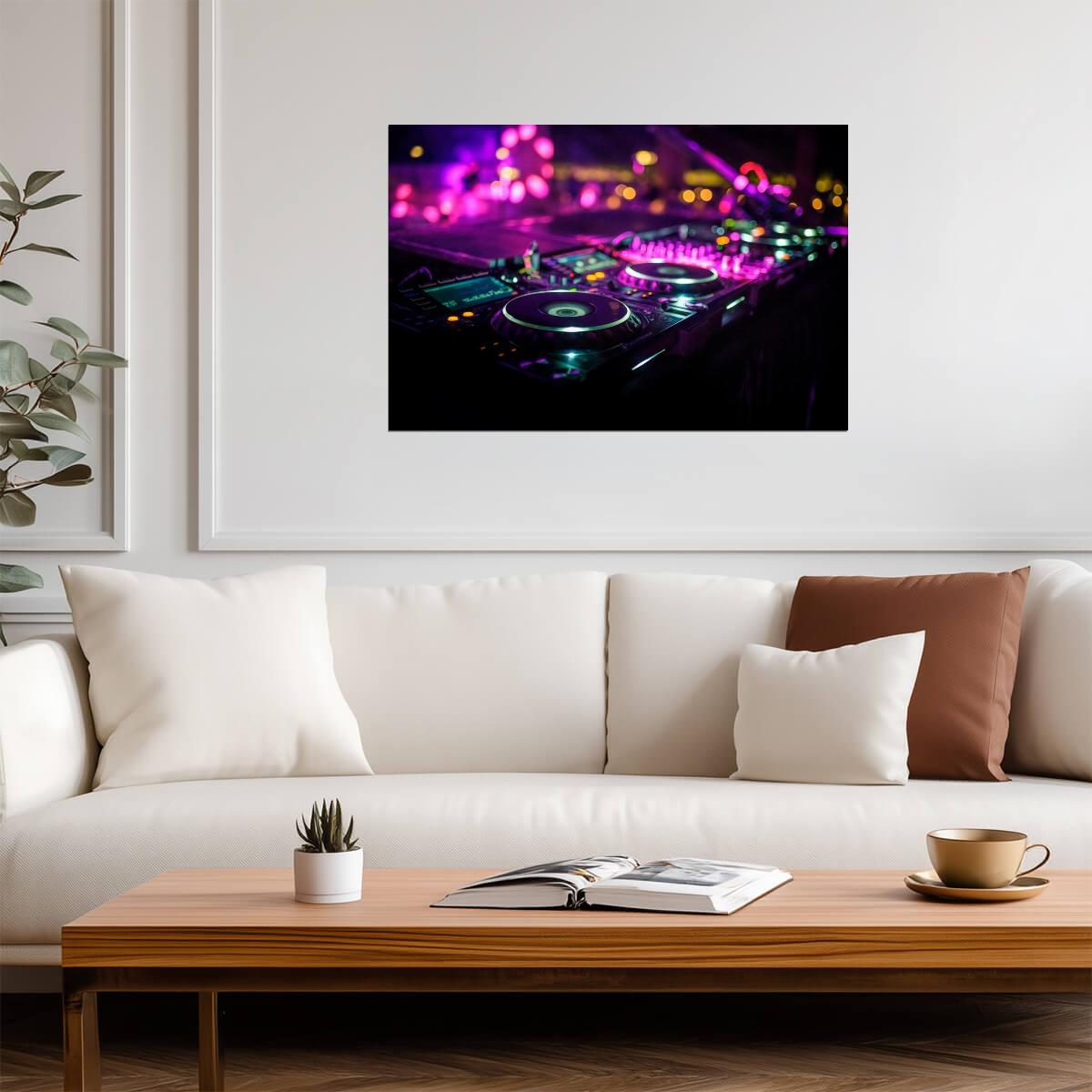 DJ Mixing Console at a Nightclub | Neon Music Photography | Party Poster - Photography Poster