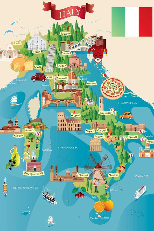 Italy Map | Illustrated Tourist Destinations Map Poster