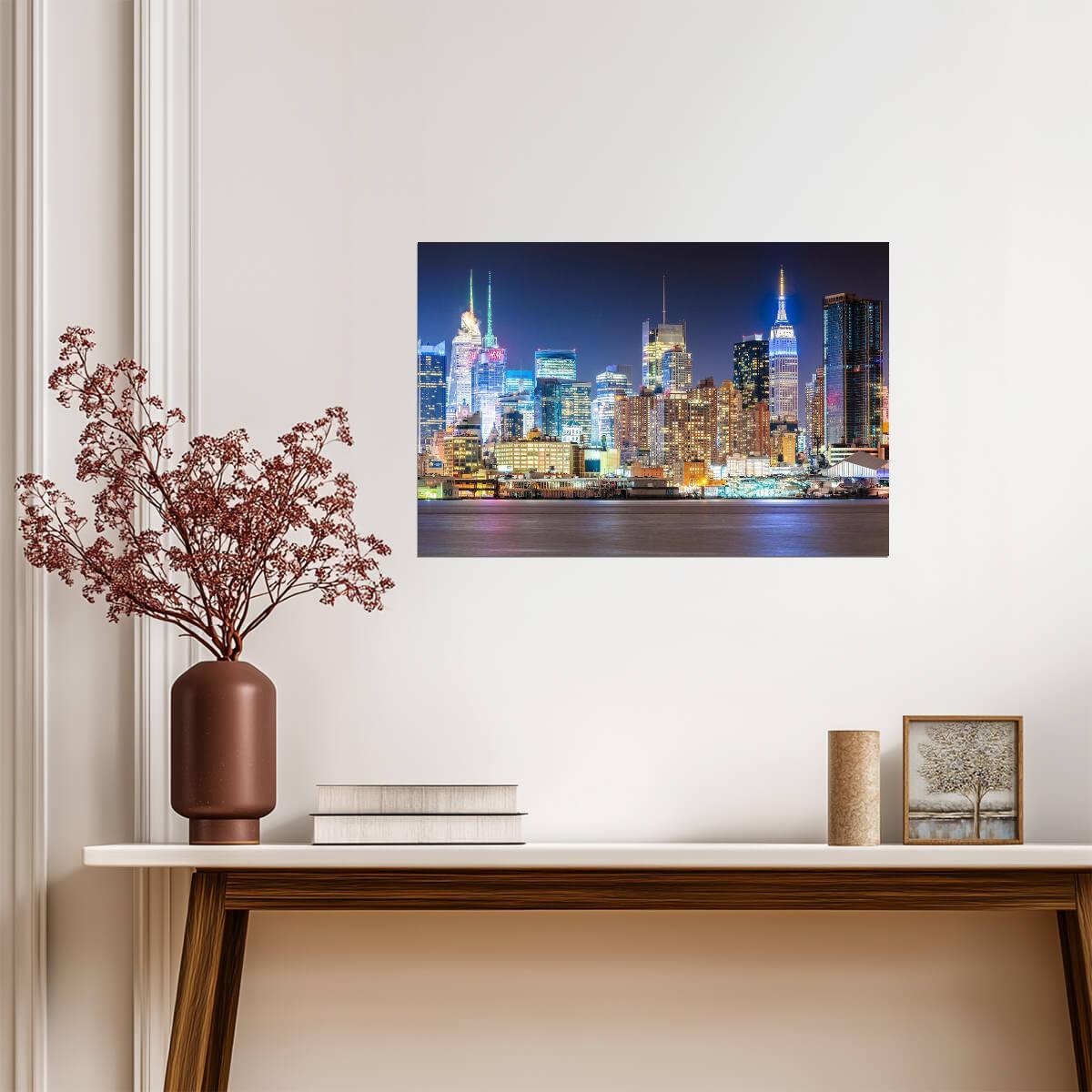 Vibrant New York Skyline at Night | Cityscape Photography Print | Urban Wall Art Poster - Photography Poster