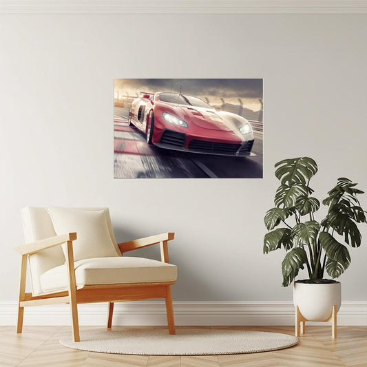 Sports Car on Racetrack at Sunset Poster | Speed Photography | Racing Wall Art