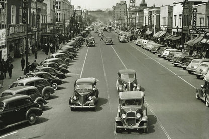 Retro Cars on a 1940s City Street | Vintage Black and White Photo | Historical Poster - Vintage & Retro Poster