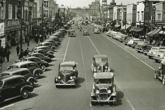 Retro Cars on a 1940s City Street | Vintage Black and White Photo | Historical Poster - Vintage & Retro Poster