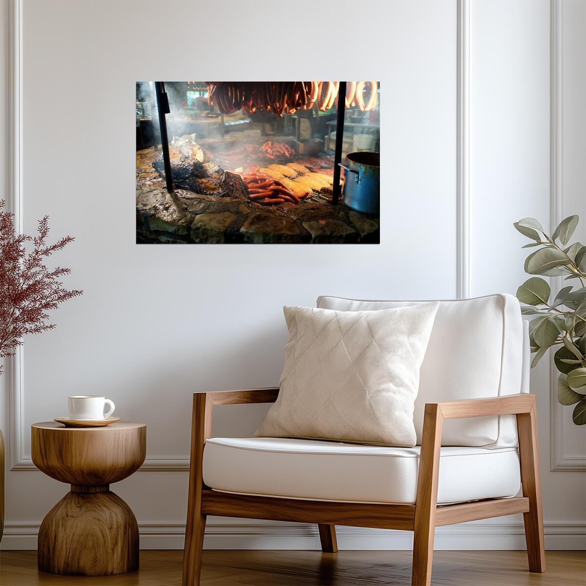 Texas BBQ Meat Smoking Over a Pit | Food Photography Print | Kitchen Wall Art Poster - Photography Poster