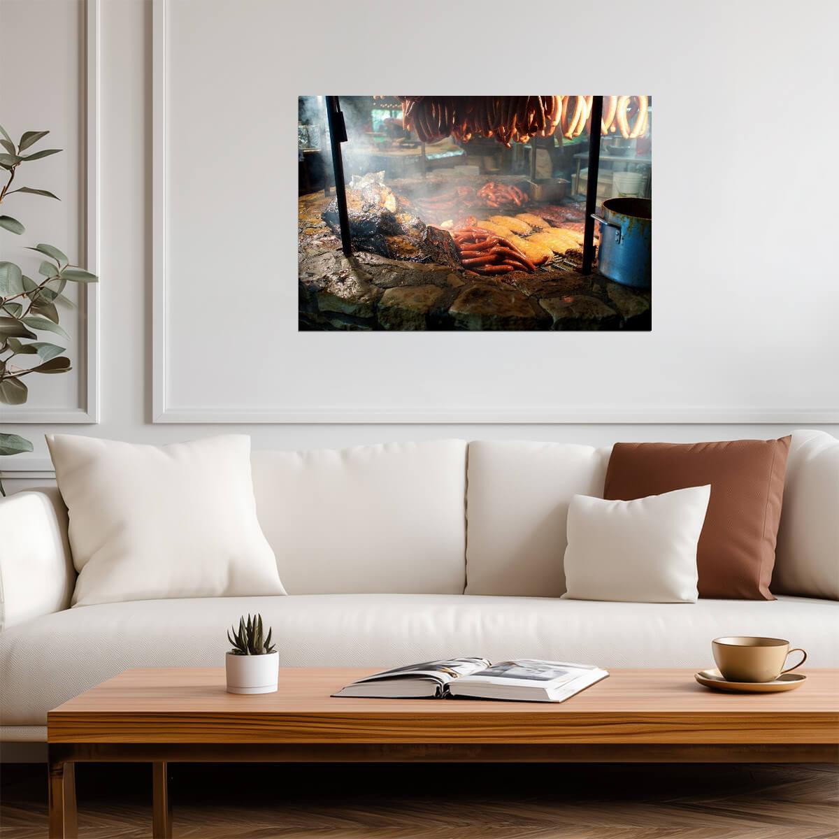 Texas BBQ Meat Smoking Over a Pit | Food Photography Print | Kitchen Wall Art Poster - Photography Poster