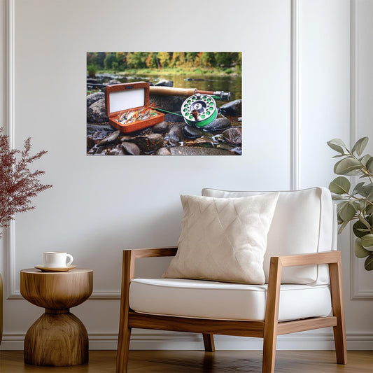 Salmon Fishing Gear on a River Bank | Angler Lifestyle Photography | Hobby Poster - Photography Poster