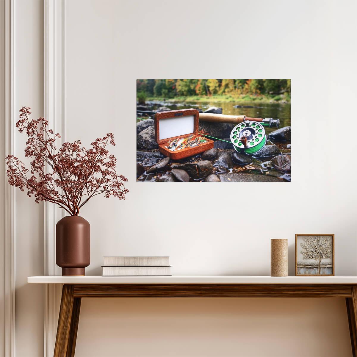 Salmon Fishing Gear on a River Bank | Angler Lifestyle Photography | Hobby Poster - Photography Poster