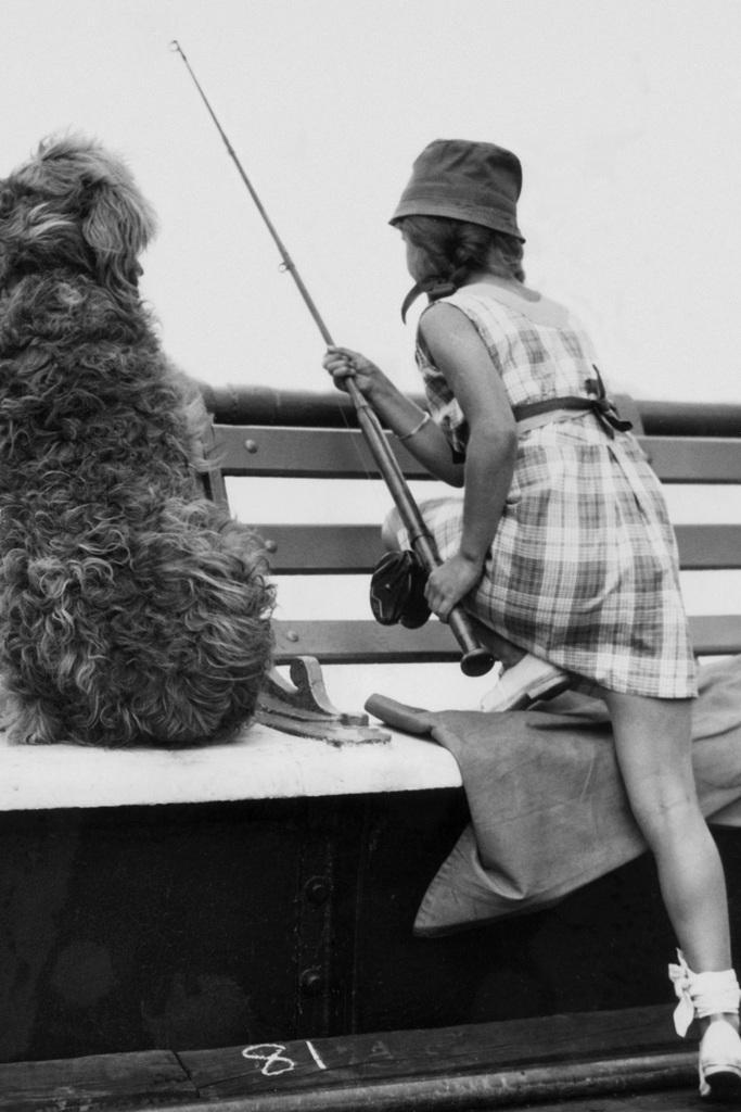 Little Girl And Dog Fishing 1934 | Vintage Black and White Photo | Retro Americana Poster - Vintage & Retro Poster